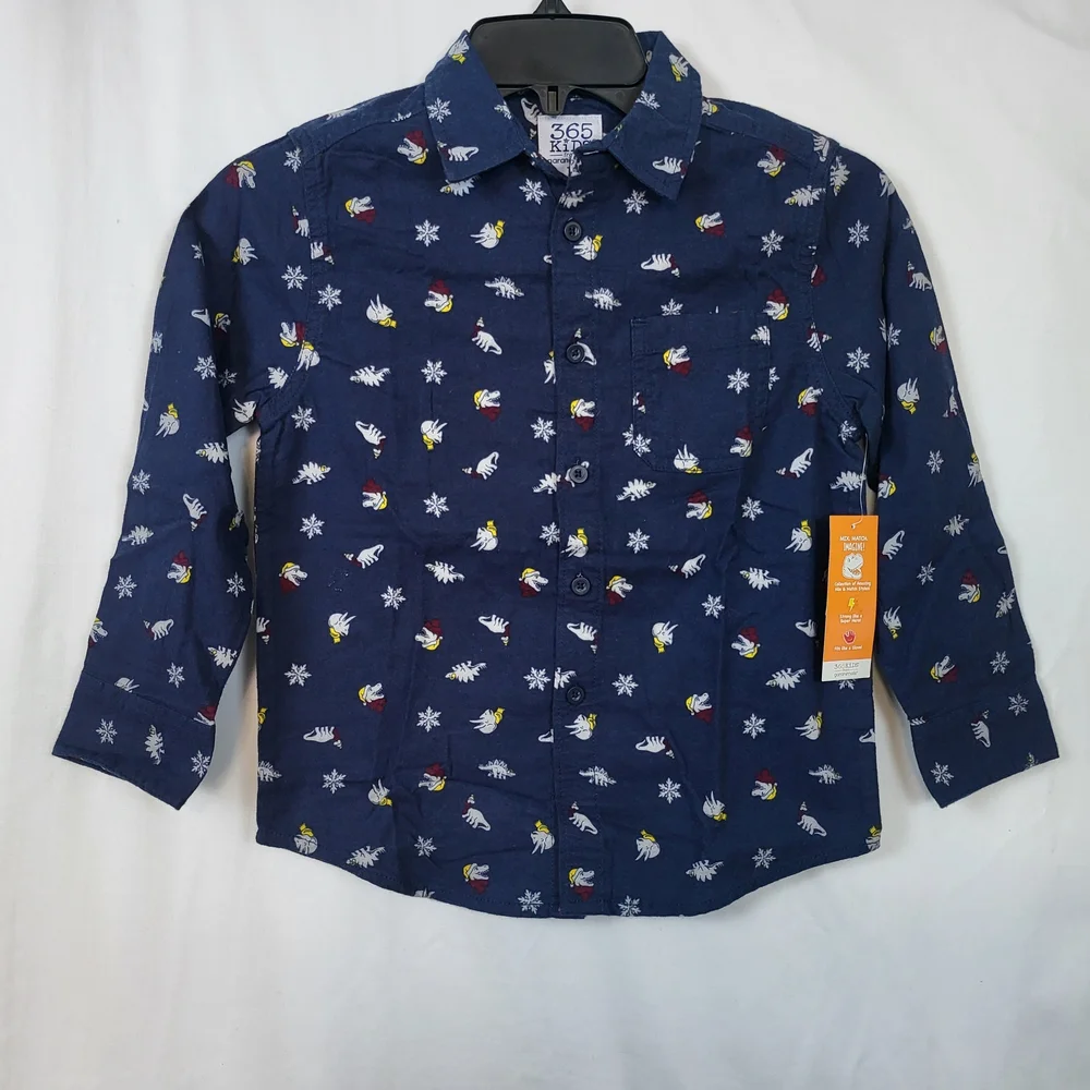 365 Kids Garanimals Boys Navy Dinosaur Pattern Long Sleeve Button Shirt Sz 7 New